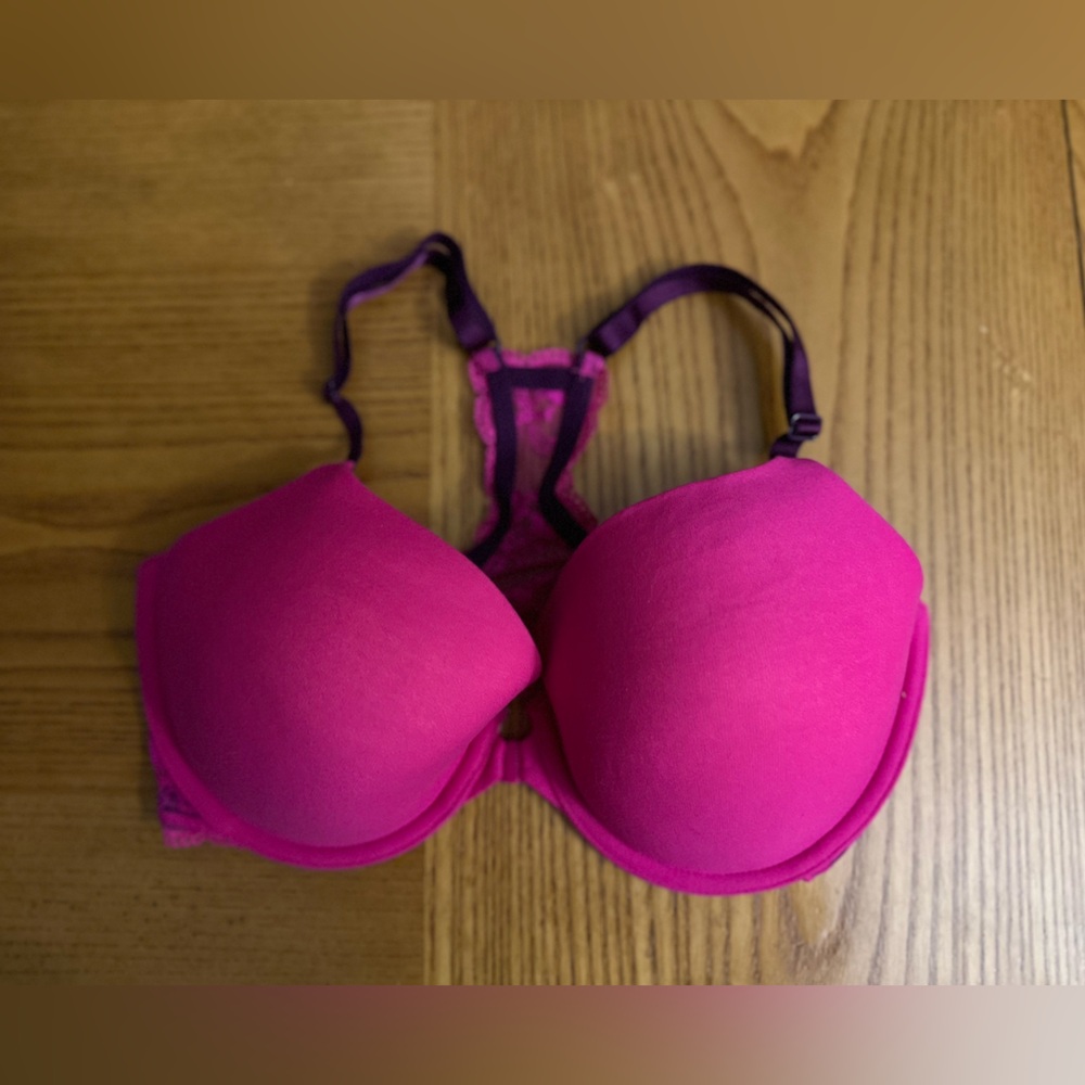 VS Lined Perfect Coverage Bra 34DD Lacy Racerback Front Closure Victorias Secret